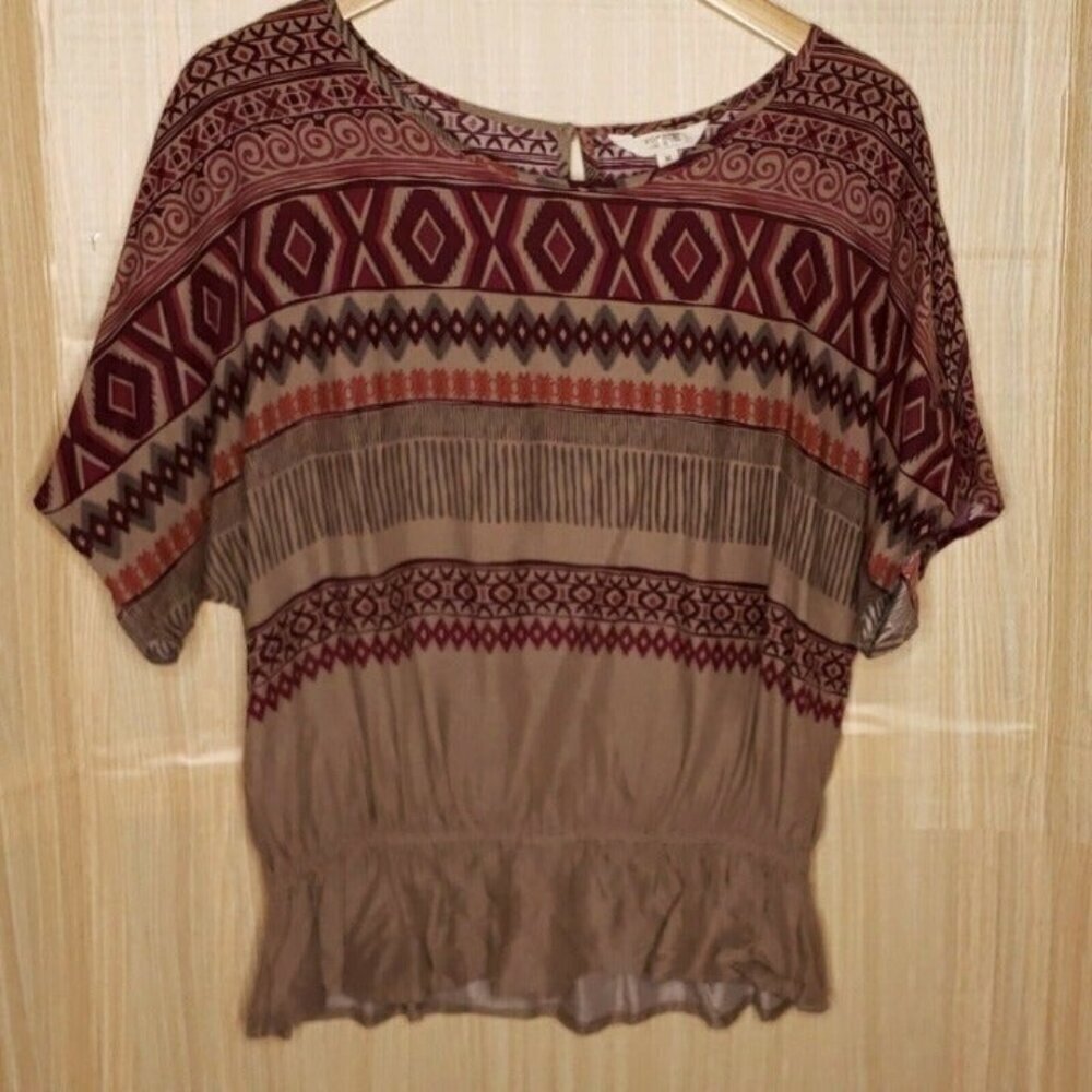 Sonoma Womens Tan Maroon Short Sleeve Batwing Top Medium